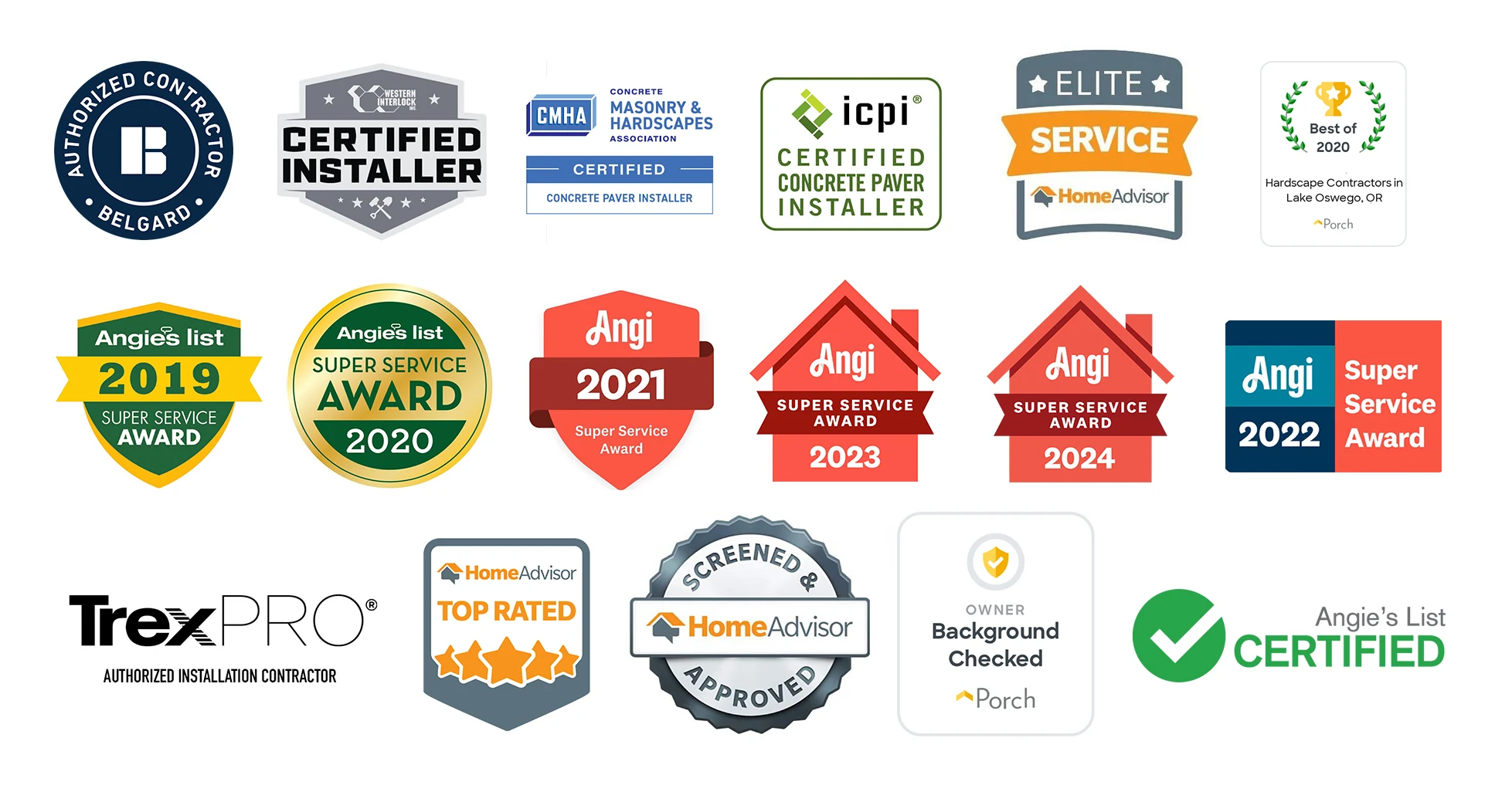 Western Paver Design certifications and awards: Belgard Authorized Contractor, Western Interlock Certified Installer, CMHA and ICPI Certified Concrete Paver Installer, HomeAdvisor Elite Service, Top Rated and Screened & Approved, Angi Super Service Awards 2019–2024, TrexPRO Authorized Installation Contractor, Porch Best of 2020 and Owner Background Checked, Angie's List Certified